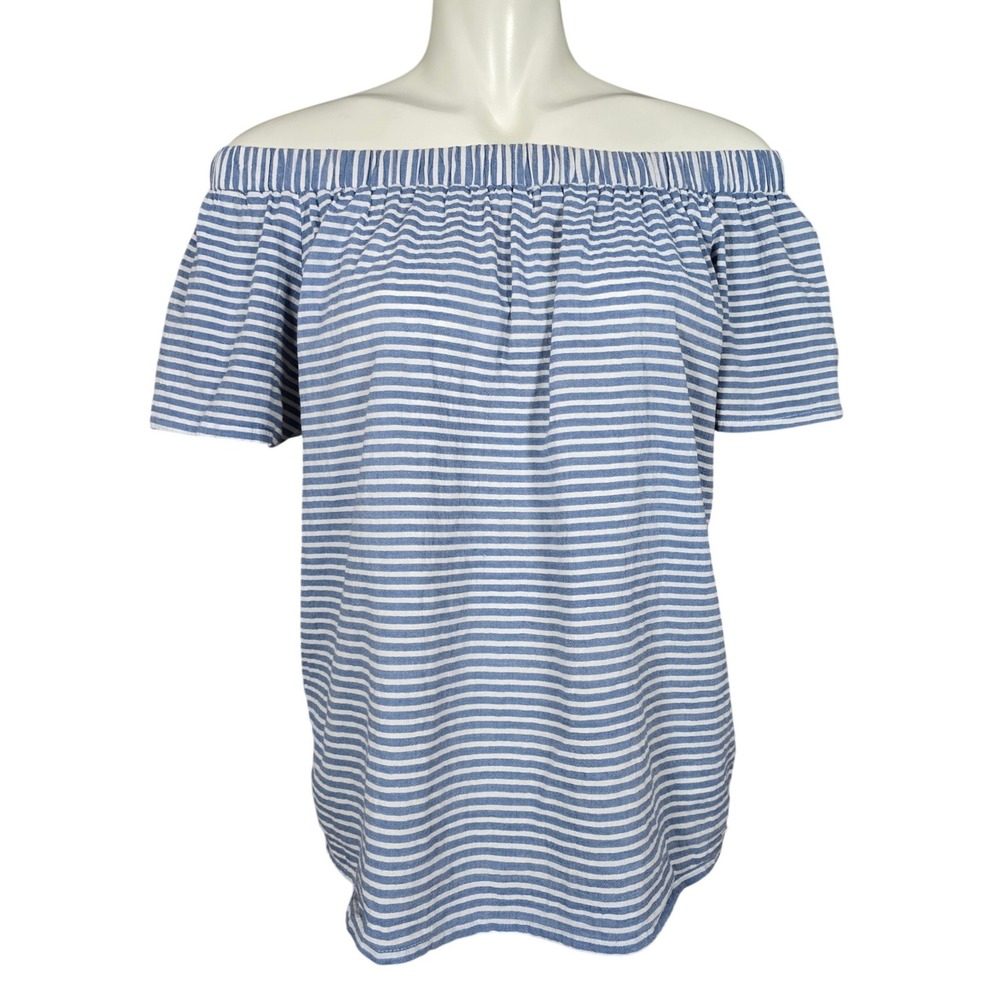 NUMPH Justyne Blue White Striped Off The Shoulder Seersucker Blouse 36